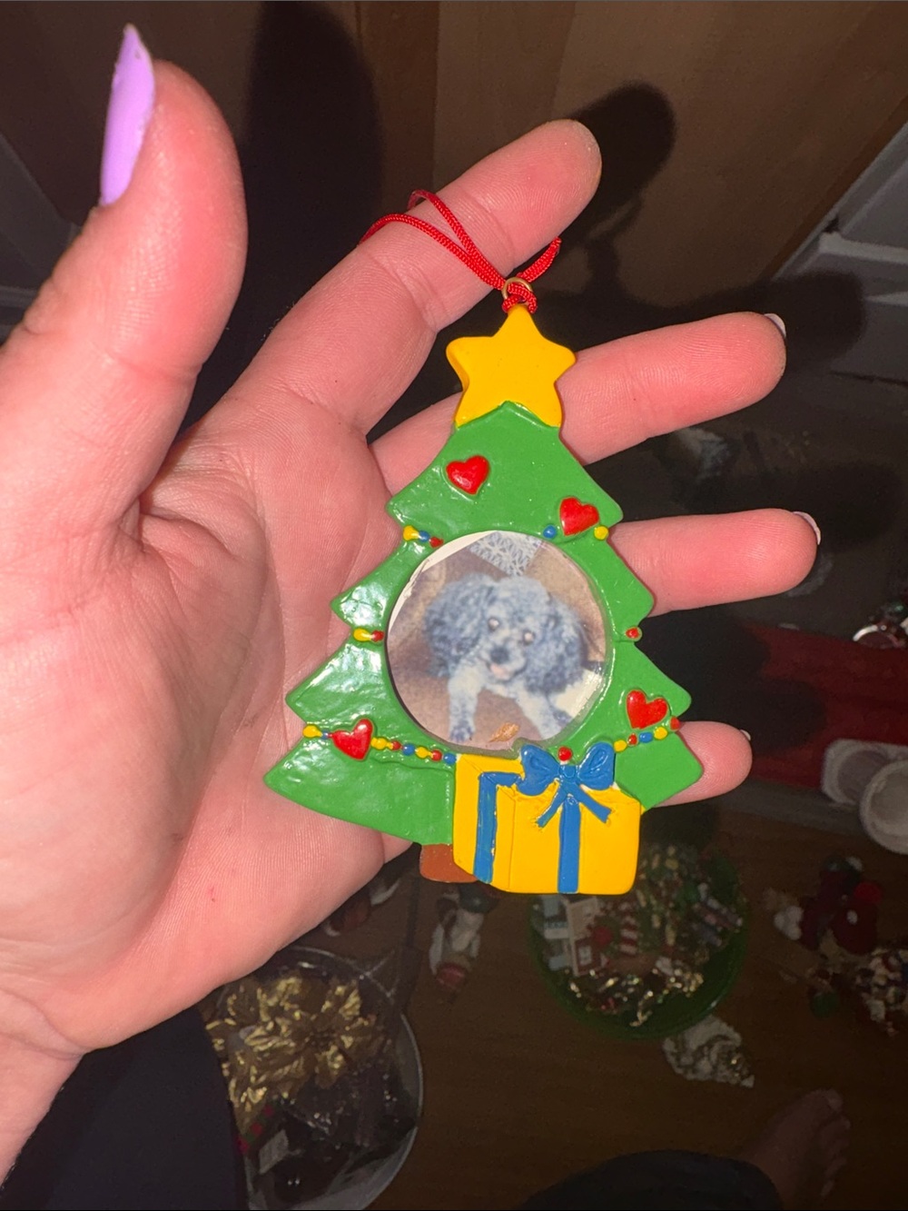 Bright Touches White Christmas Tree Photo Ornament with Red Cord